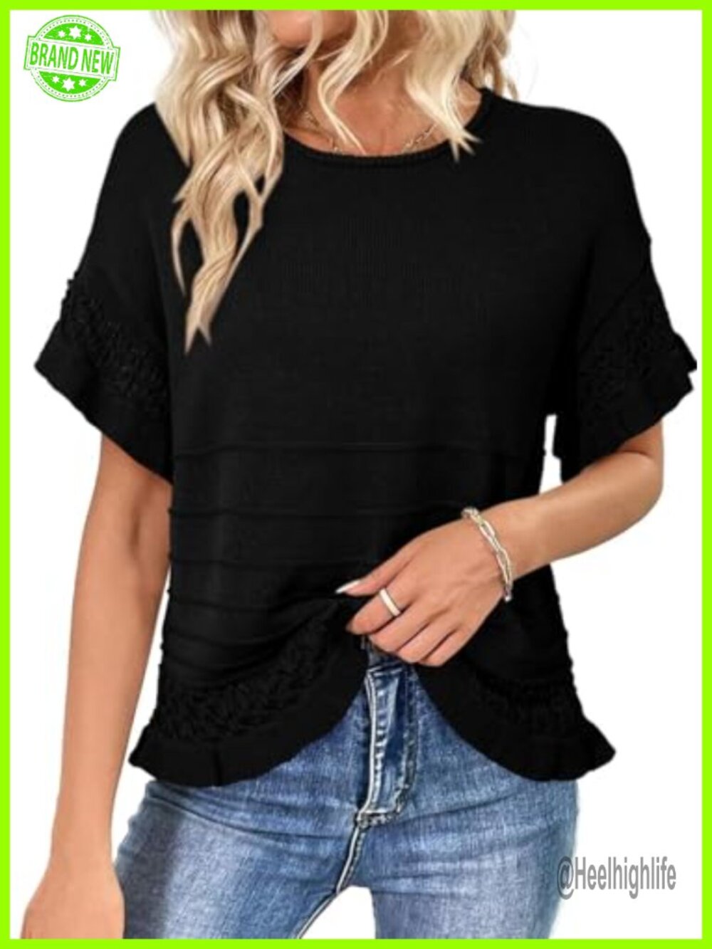 Women's Short Sleeve Knit Pullover Sweater Ruffled Hem Crochet Casual Top